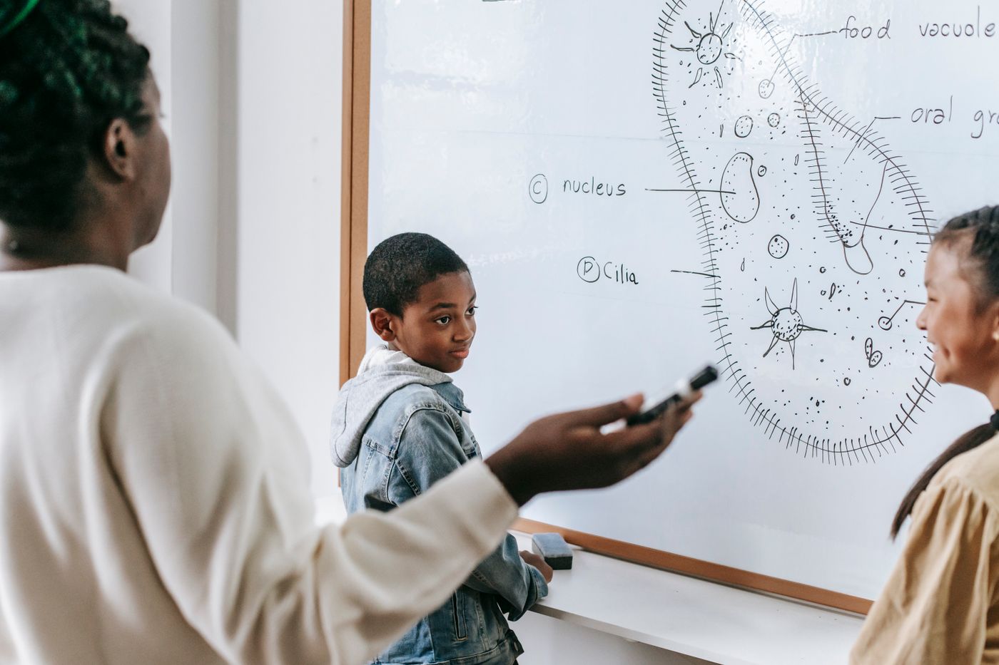 A teacher guiding students in a classroom activity